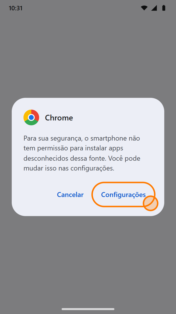 Aviso de que o smartphone não tem permissão para instalar apps desconhecidos dessa fonte, com o botão Configurações destacado