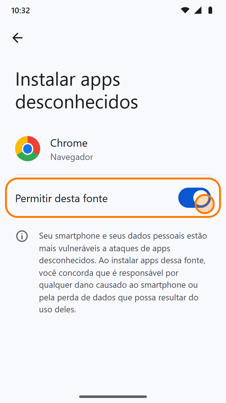 Tela Instalar apps desconhecidos com a chave Permitir desta fonte ativada