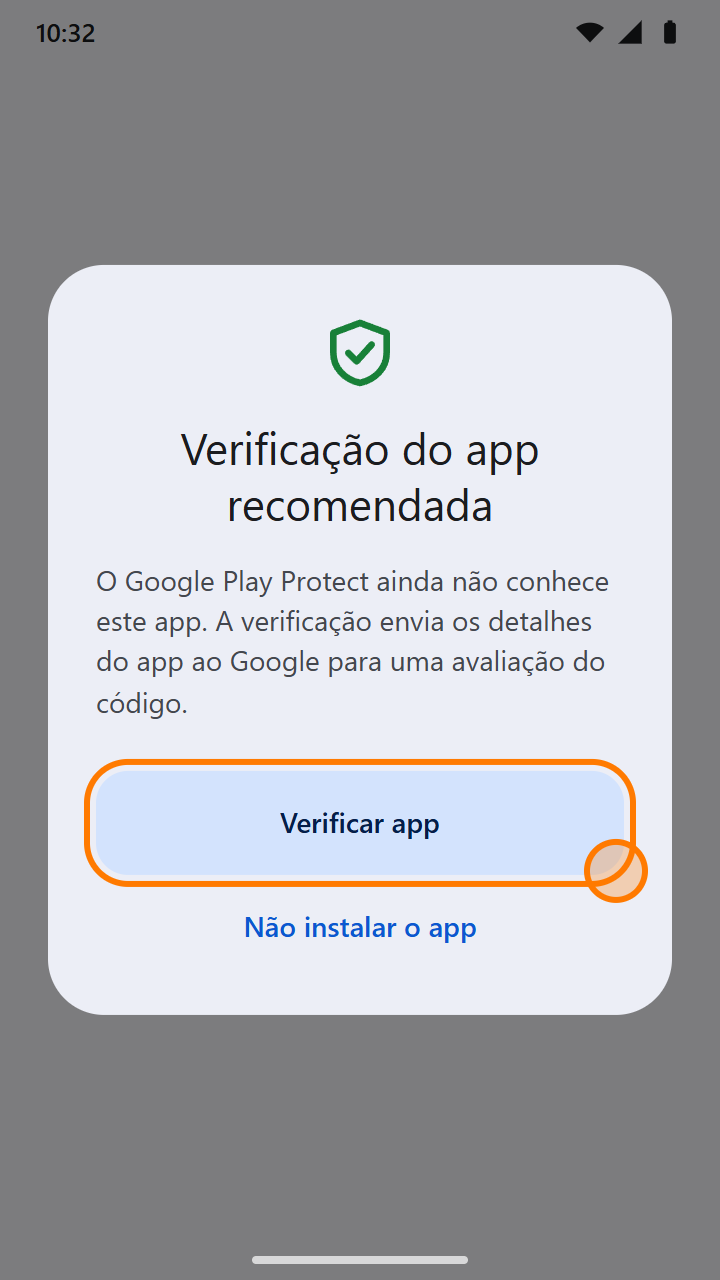 Aviso do Google Play Protect recomendando a verificação do app, com o botão Verificar app destacado