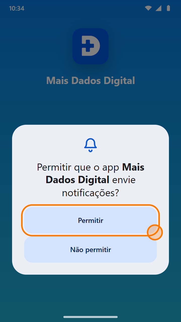 Pedido de permissão para o app Mais Dados Digital enviar notificações, com o botão Permitir destacado