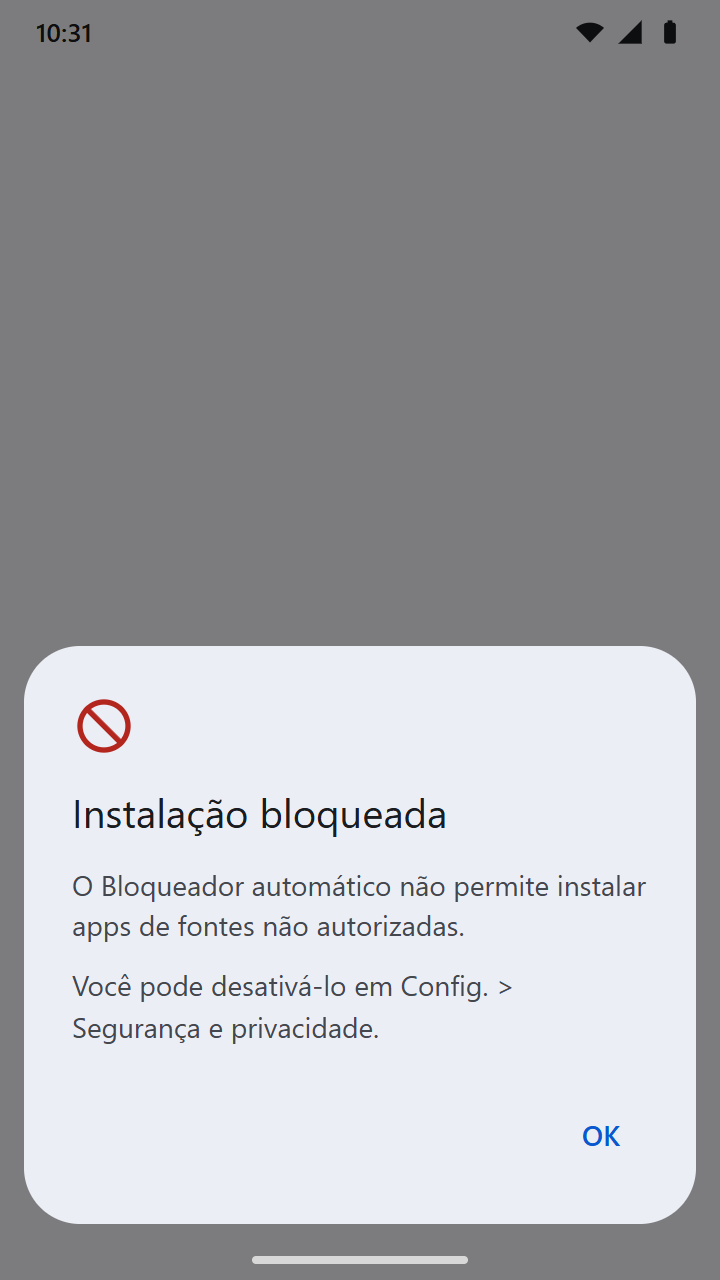 Aviso de instalação bloqueada pelo Bloqueador automático