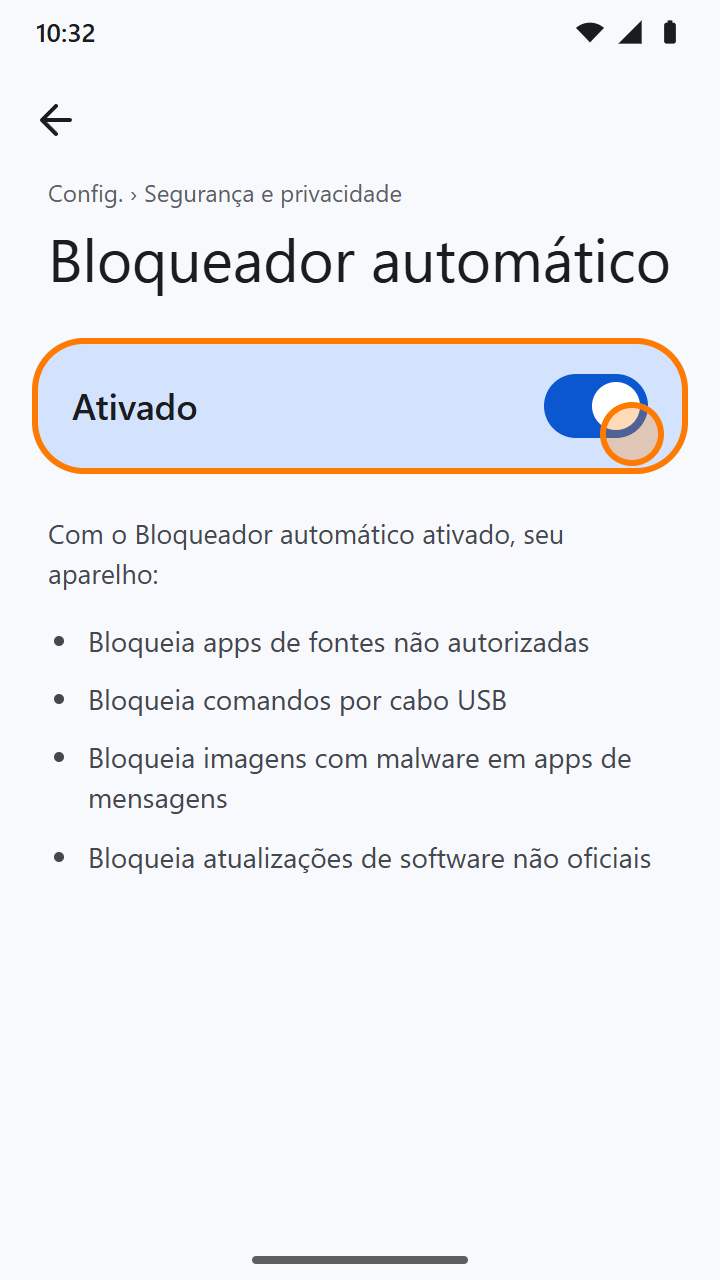 Tela do Bloqueador automático com a chave Ativado destacada